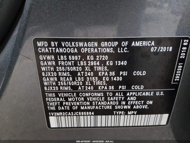 Aukcja sprzedaży 2018 Volkswagen Atlas 3.6l V6 Sel, vin: 1V2MR2CA2JC585864, numer aukcji: 44780397