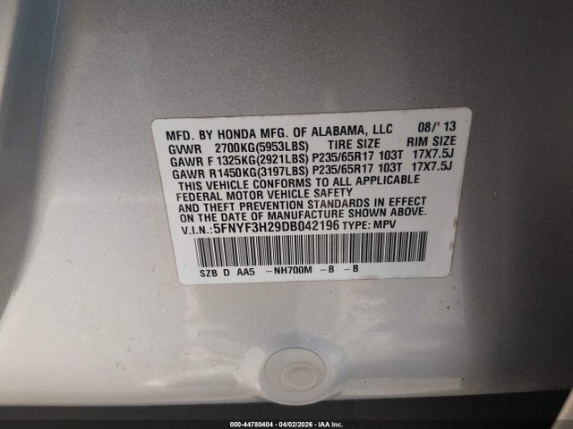 Продаж на аукціоні авто 2013 Honda Pilot Lx, vin: 5FNYF3H29DB042196, номер лоту: 44780404
