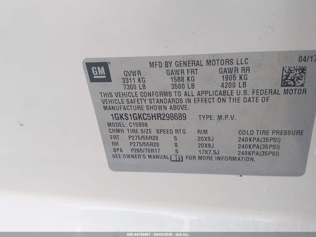 44780407 :رقم المزاد ، 1GKS1GKC5HR298689 vin ، 2017 Gmc Yukon Xl Slt مزاد بيع