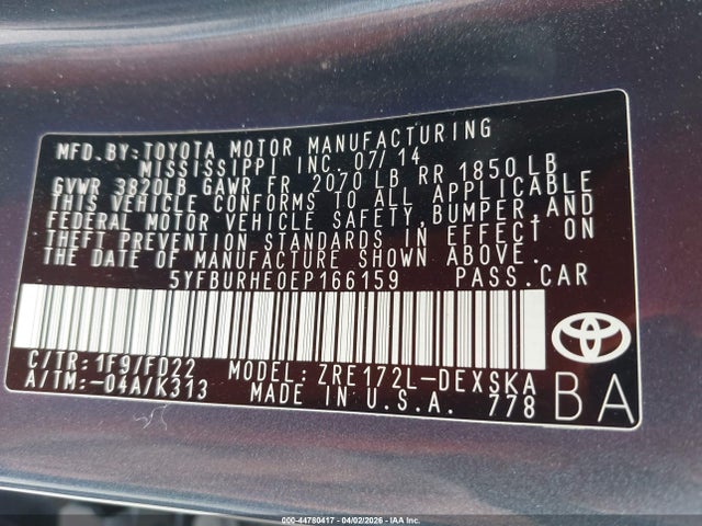 Aukcja sprzedaży 2014 Toyota Corolla S, vin: 5YFBURHE0EP166159, numer aukcji: 44780417