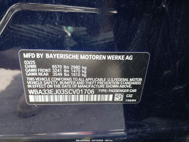 44780422 :رقم المزاد ، WBA33EJ03SCV01706 vin ، 2025 Bmw 760i Xdrive مزاد بيع