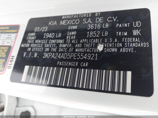 2023 Kia Rio S მანქანა იყიდება აუქციონზე, vin: 3KPA24AD5PE554921, აუქციონის ნომერი: 44780435