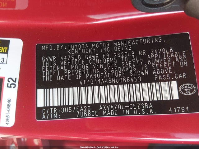 Aukcja sprzedaży 2022 Toyota Camry Se, vin: 4T1G11AK6NU066453, numer aukcji: 44780445