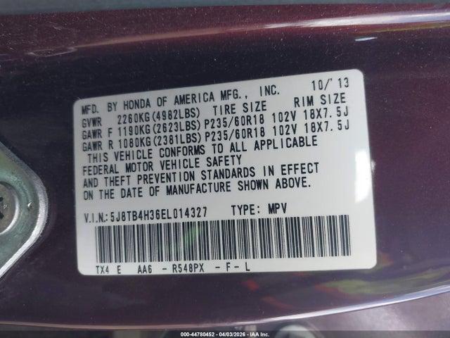 44780452 :رقم المزاد ، 5J8TB4H36EL014327 vin ، 2014 Acura Rdx مزاد بيع