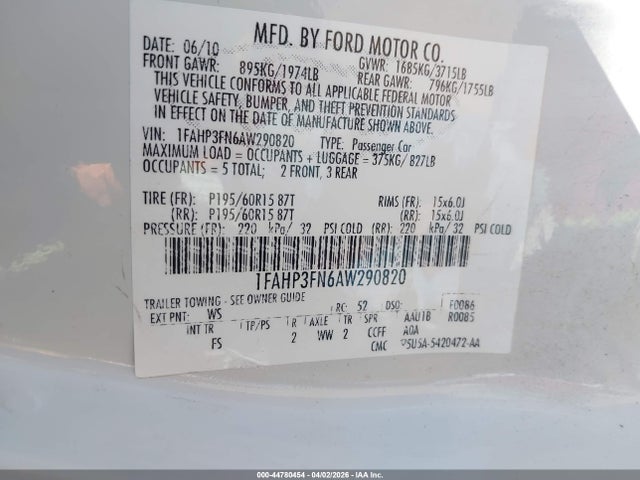 Aukcja sprzedaży 2010 Ford Focus Se, vin: 1FAHP3FN6AW290820, numer aukcji: 44780454