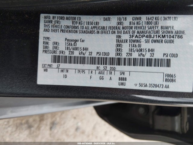 44780469 :رقم المزاد ، 3FADP4BJ1KM104786 vin ، 2019 Ford Fiesta Se مزاد بيع