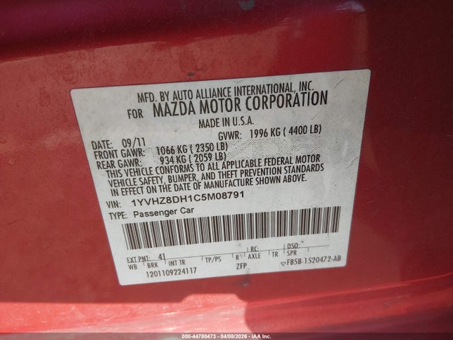 44780473 :رقم المزاد ، 1YVHZ8DH1C5M08791 vin ، 2012 Mazda Mazda6 I Touring مزاد بيع