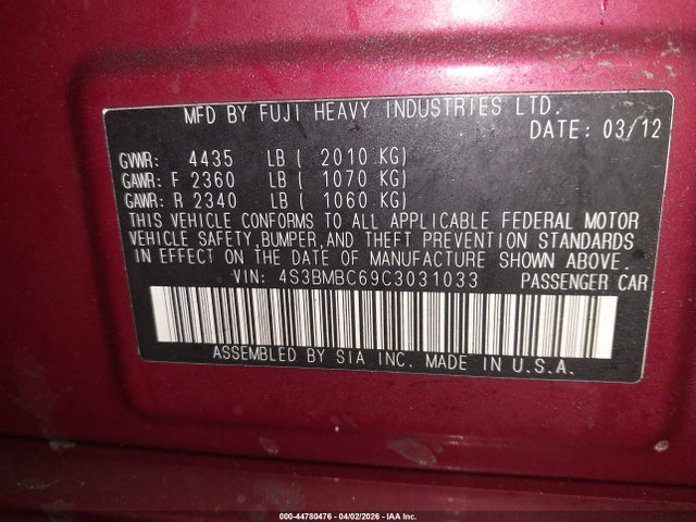 44780476 :رقم المزاد ، 4S3BMBC69C3031033 vin ، 2012 Subaru Legacy 2.5i Premium مزاد بيع