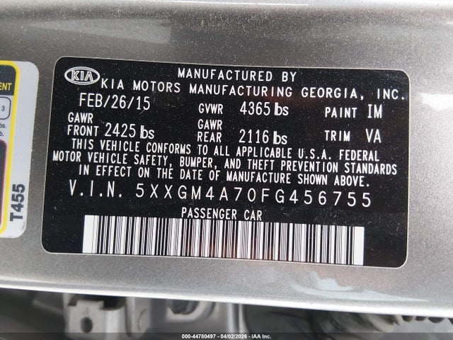 5XXGM4A70FG456755 KIA Optima Lx