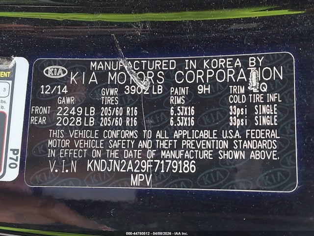 44780512 :رقم المزاد ، KNDJN2A29F7179186 vin ، 2015 Kia Soul مزاد بيع