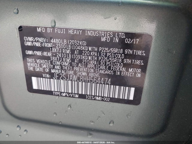 Продажа на аукционе авто 2017 Subaru Forester 2.5i Touring, vin: JF2SJAWC8HH564474, номер лота: 44780515