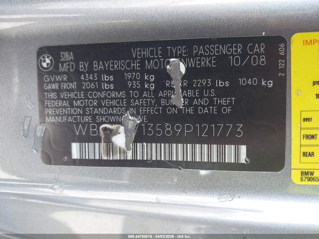 Продажа на аукционе авто 2009 Bmw 328i, vin: WBAWV13589P121773, номер лота: 44780518