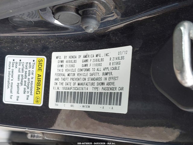 44780525 :رقم المزاد ، 19UUA8F2XCA038714 vin ، 2012 Acura Tl 3.5 مزاد بيع