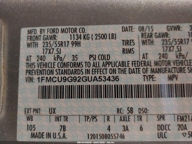 Продаж на аукціоні авто 2016 Ford Escape Se, vin: 1FMCU9G92GUA53436, номер лоту: 44780535
