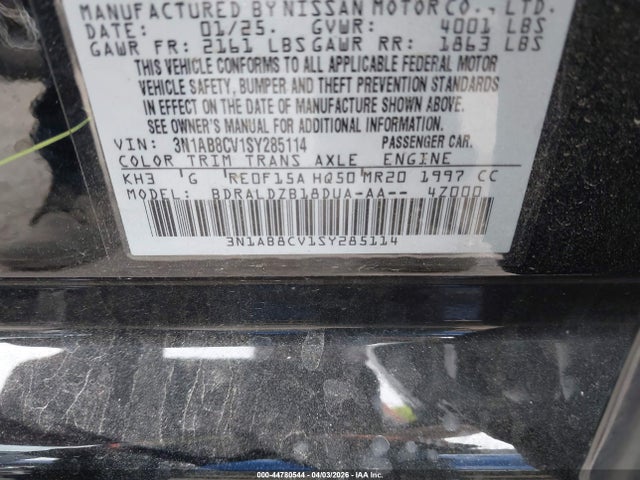 Aukcja sprzedaży 2025 Nissan Sentra Sv, vin: 3N1AB8CV1SY285114, numer aukcji: 44780544
