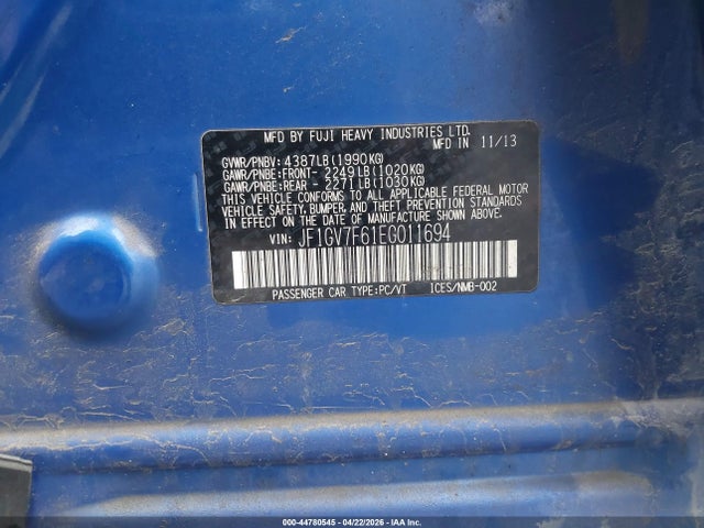 Продаж на аукціоні авто 2014 Subaru Impreza Wrx Limited, vin: JF1GV7F61EG011694, номер лоту: 44780545