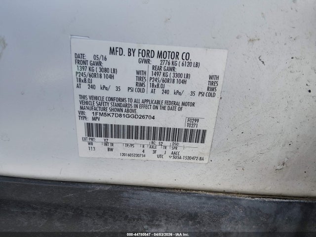 Aukcja sprzedaży 2016 Ford Explorer Xlt, vin: 1FM5K7D81GGD26704, numer aukcji: 44780547