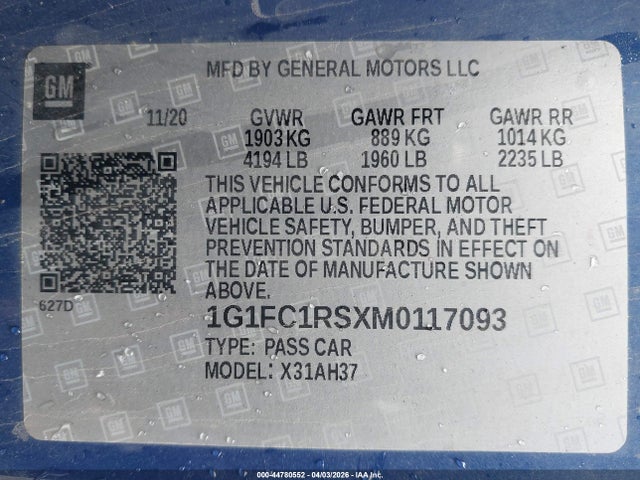 Продаж на аукціоні авто 2021 Chevrolet Camaro Rwd  3lt, vin: 1G1FC1RSXM0117093, номер лоту: 44780552