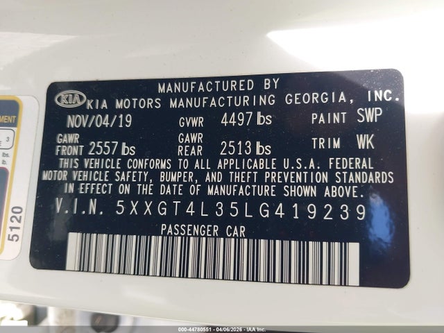 Продажа на аукционе авто 2020 Kia Optima Lx, vin: 5XXGT4L35LG419239, номер лота: 44780551