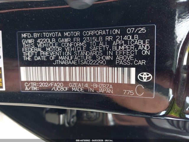 Продаж на аукціоні авто 2025 Toyota Gr Corolla Core, vin: JTNABAAE1SA022290, номер лоту: 44780562