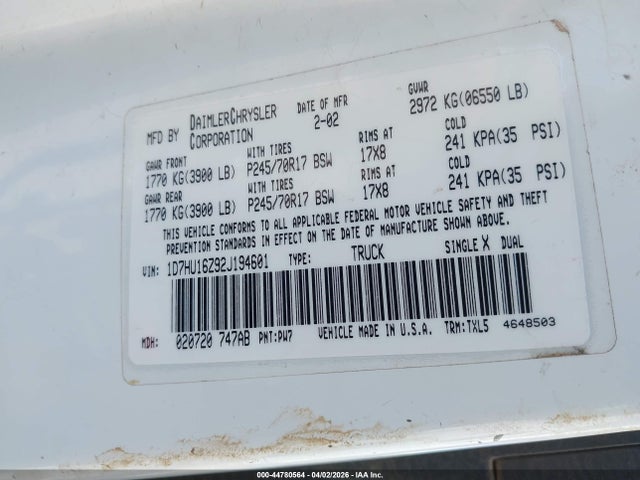 44780564 :رقم المزاد ، 1D7HU16Z92J194601 vin ، 2002 Dodge Ram 1500 St مزاد بيع
