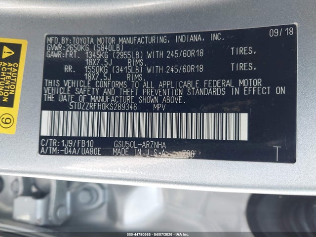 Toyota Highlander Le 2019 5TDZZRFH0KS289346 Image 9