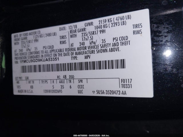 1FMCU9GD9KUA53351 Ford ESCAPE SE