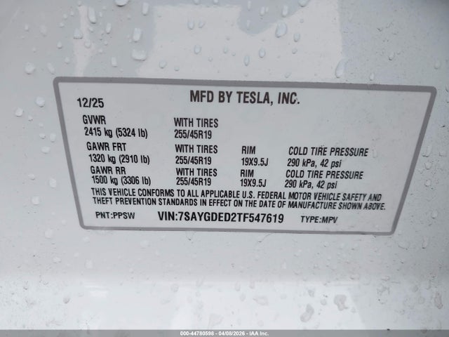 Aukcja sprzedaży 2026 Tesla Model Y Premium Rear-wheel Drive/standard Rear-wheel Drive, vin: 7SAYGDED2TF547619, numer aukcji: 44780598