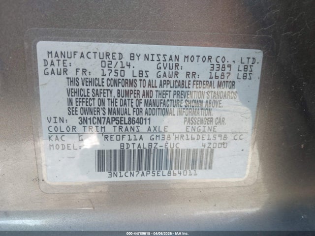 3N1CN7AP5EL864011 Nissan Versa 1.6 Sv