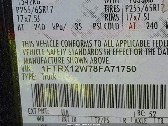 Aukcja sprzedaży 2008 Ford F-150 Fx2/stx/xl/xlt, vin: 1FTRX12W78FA71750, numer aukcji: 44780621