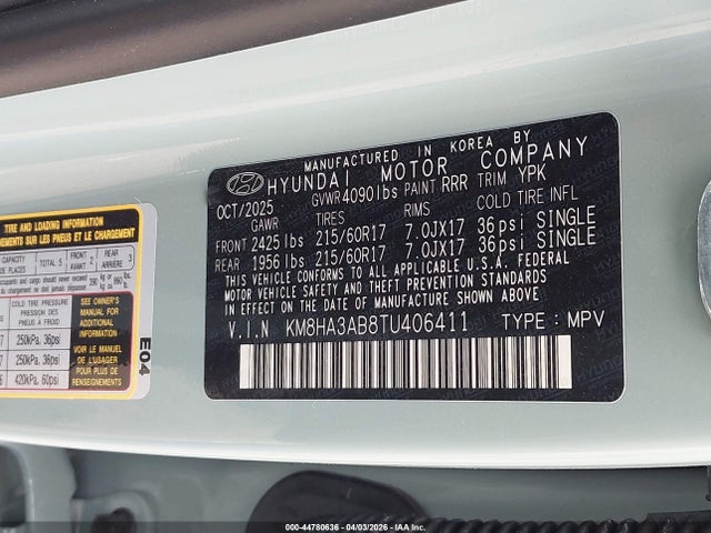 Aukcja sprzedaży 2026 Hyundai Kona Se, vin: KM8HA3AB8TU406411, numer aukcji: 44780636