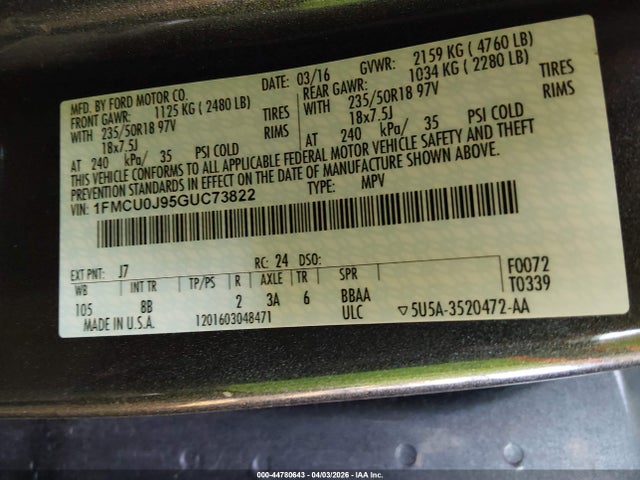 Ford Escape Titanium 2016 1FMCU0J95GUC73822 Image 9