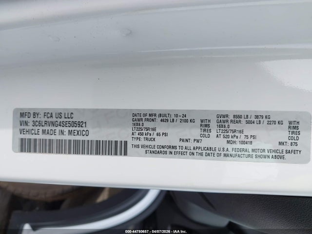 Продаж на аукціоні авто 2025 Ram Promaster 1500 Tradesman Low Roof 118 Wb W/pass Seat, vin: 3C6LRVNG4SE505921, номер лоту: 44780657