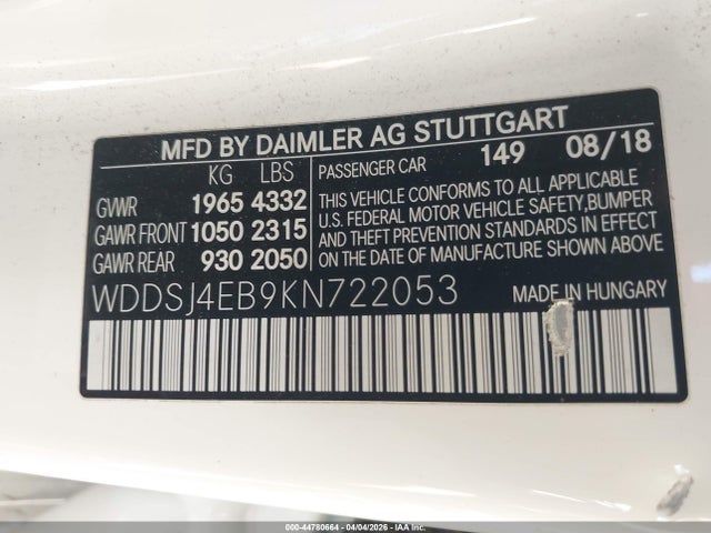 44780664 :رقم المزاد ، WDDSJ4EB9KN722053 vin ، 2019 Mercedes-benz Cla 250 مزاد بيع