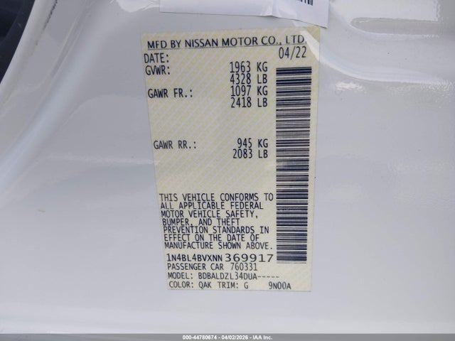 Продаж на аукціоні авто 2022 Nissan Altima S Fwd, vin: 1N4BL4BVXNN369917, номер лоту: 44780674
