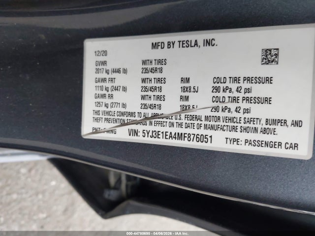 Продаж на аукціоні авто 2021 Tesla Model 3 Standard Range Plus Rear-wheel Drive, vin: 5YJ3E1EA4MF876051, номер лоту: 44780695