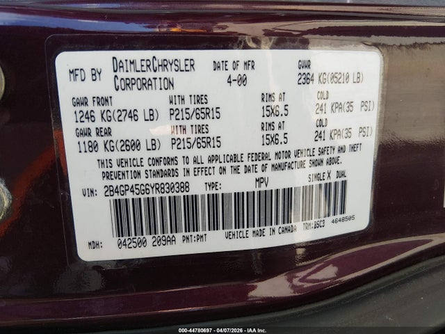 Продажа на аукционе авто 2000 Dodge Caravan Se, vin: 2B4GP45G6YR830388, номер лота: 44780697