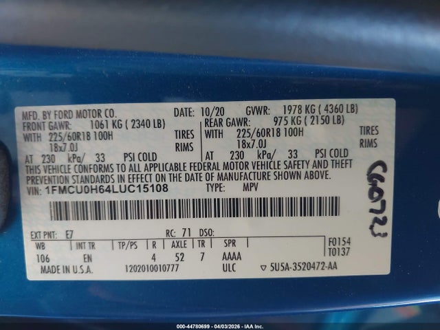1FMCU0H64LUC15108 Ford ESCAPE SEL