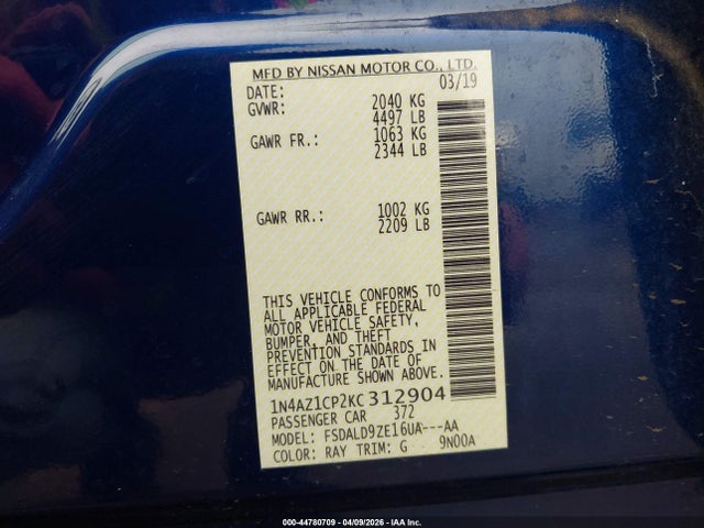 44780709 :رقم المزاد ، 1N4AZ1CP2KC312904 vin ، 2019 Nissan Leaf Sv مزاد بيع