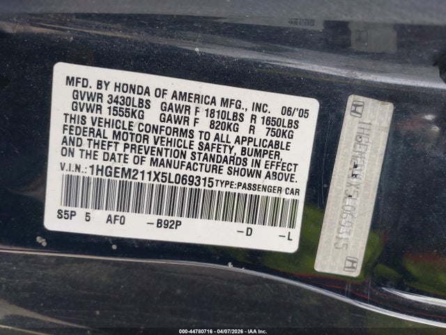 2005 Honda Civic Vp მანქანა იყიდება აუქციონზე, vin: 1HGEM211X5L069315, აუქციონის ნომერი: 44780716