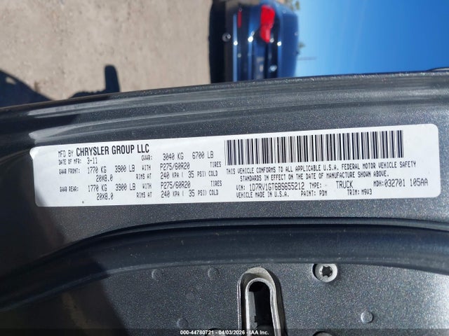 2011 Ram Ram 1500 Slt მანქანა იყიდება აუქციონზე, vin: 1D7RV1GT6BS655212, აუქციონის ნომერი: 44780721