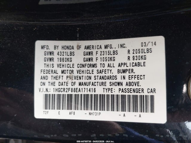 Продаж на аукціоні авто 2014 Honda Accord Ex-l, vin: 1HGCR2F88EA171416, номер лоту: 44780730