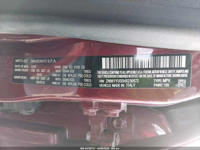 2017 Maserati Levante S მანქანა იყიდება აუქციონზე, vin: ZN661YUS5HX230572, აუქციონის ნომერი: 44780731