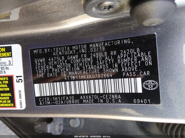 4T1B11HKXKU762664 Toyota CAMRY LE
