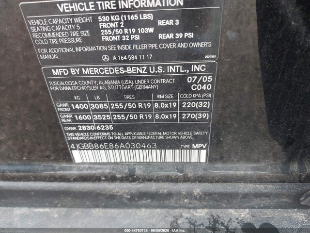Продажа на аукционе авто 2006 Mercedes-benz Ml 350 4matic, vin: 4JGBB86E86A030463, номер лота: 44780738