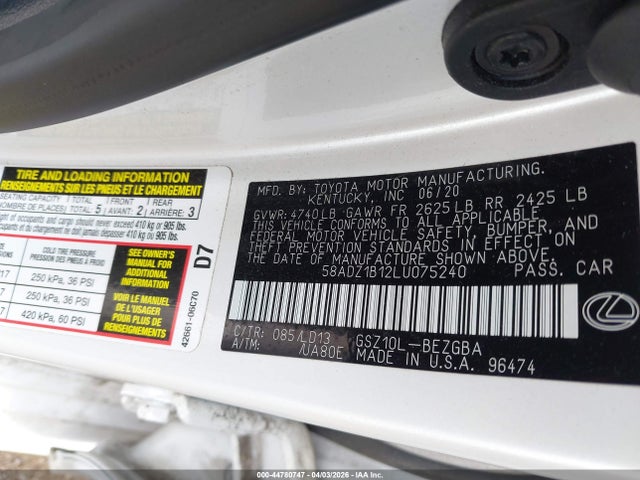 44780747 :رقم المزاد ، 58ADZ1B12LU075240 vin ، 2020 Lexus Es 350 مزاد بيع