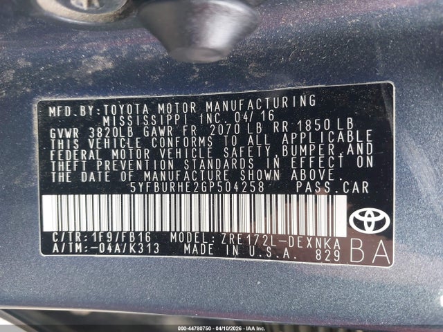 44780750 :رقم المزاد ، 5YFBURHE2GP504258 vin ، 2016 Toyota Corolla Le مزاد بيع