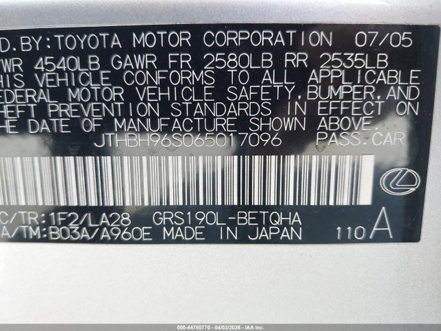 44780770 :رقم المزاد ، JTHBH96S065017096 vin ، 2006 Lexus Gs 300 مزاد بيع