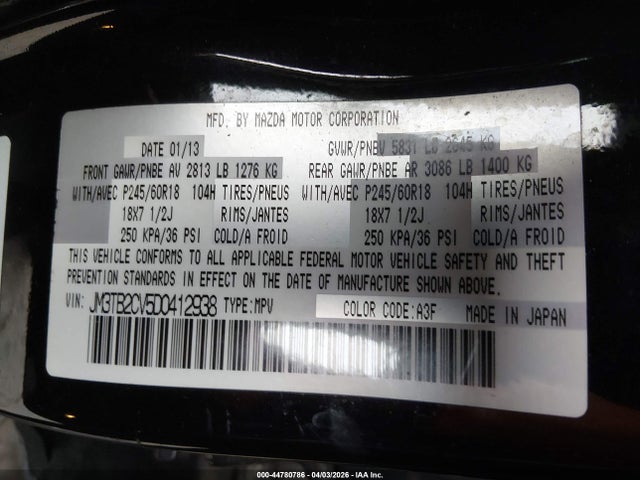 44780786 :رقم المزاد ، JM3TB2CV5D0412938 vin ، 2013 Mazda Cx-9 Touring مزاد بيع