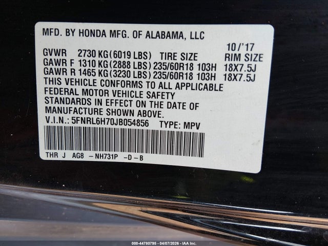 Honda Odyssey Ex-l 2018 5FNRL6H70JB054856 Image 9